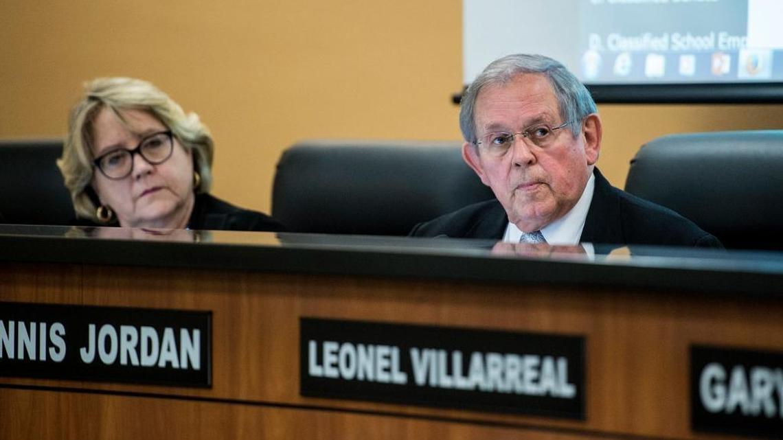 Dennis Jordan, Merced College board of trustees president, looks at speakers during a meeting at Merced College in Merced, Calif., Tuesday, May 10, 2016.