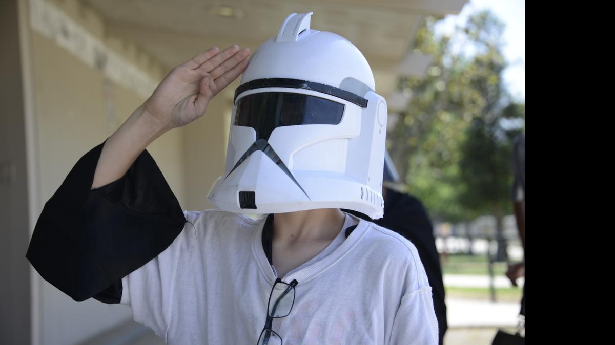 
Theoren Newton, a seventh-grader at Rivera Middle School in Merced, dressed as a stormtrooper on Monday in honor of his favorite film series. “Star Wars” fans across the world celebrate the movies on May 4, playing on the pun “May the Fourth be with you.”

