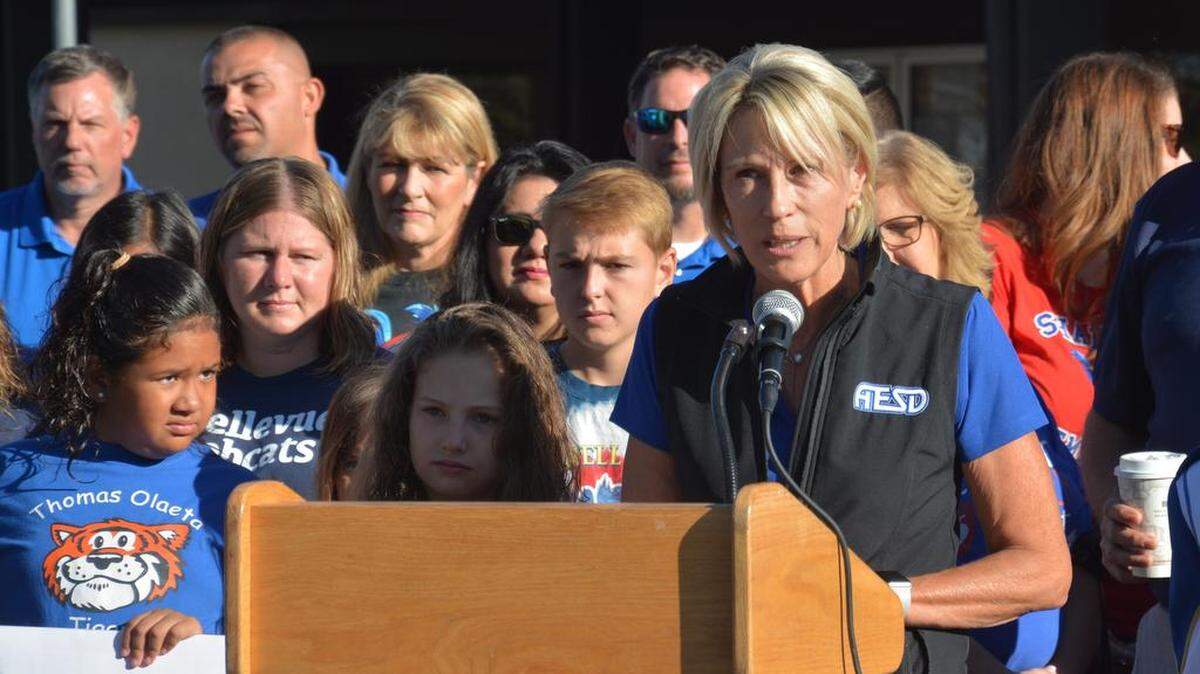 Atwater Elementary School District Superintendent Sandra Schiber speaks on Saturday, Sept. 8, 2018, to supporters in front of the district office about Measure E, a Nov. 6 ballot question that would increase property taxes by about $30 per $100,000 of assessed value to help build a new school to alleviate overcrowding.