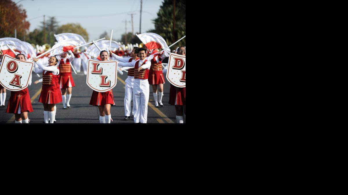 
The Golden Valley High Cardinal Regime Band performs during the parade competition portion of the 54th Central California Band Review last year in Merced.
