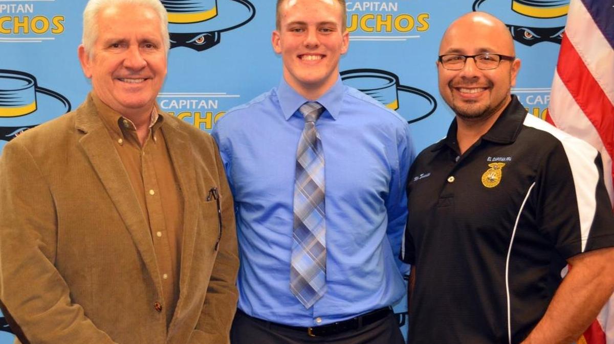From left, Rep. Jim Costa, D-Fresno; student Ethan Torres; and senior counselor Arturo Fuentes pose at El Capitan High School on Feb. 10, 2017.