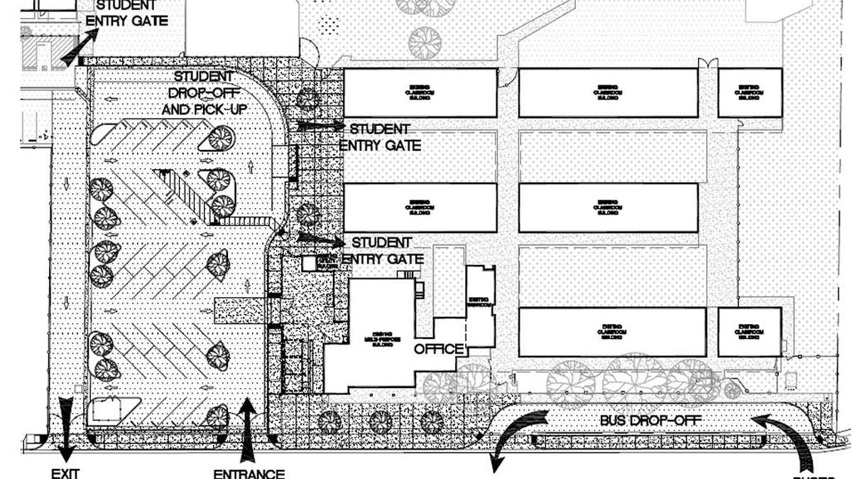 Diagram of new Burbank Elementary parking lot and student drop-off/pick-up areas.