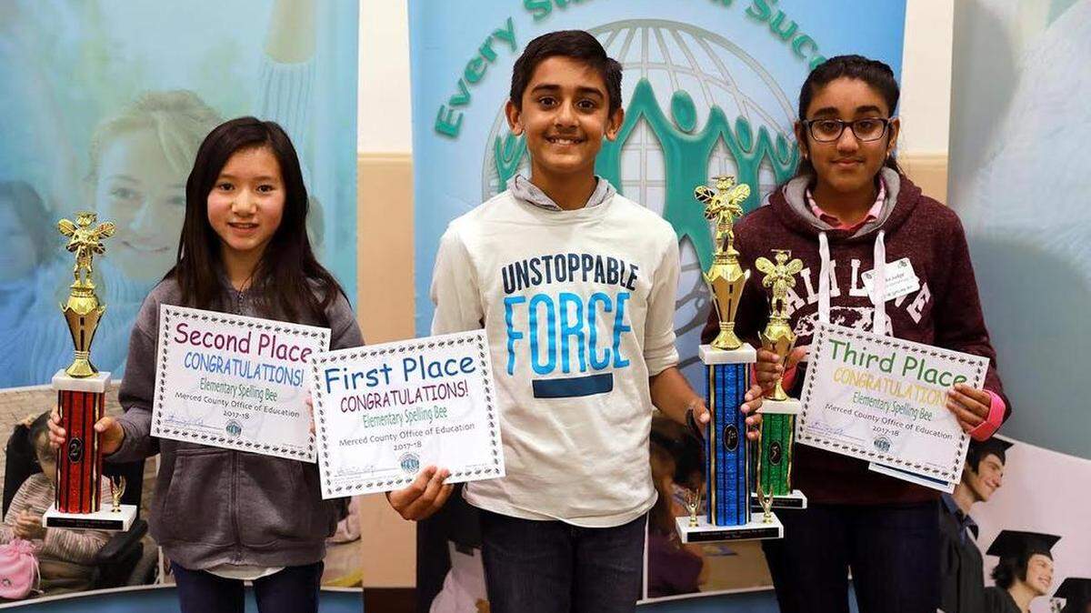 Elementary school spelling bee winners: Nicole Nguyen from Burbank Elementary School in Merced, second place, Nikhil Parikh from Sheehy Elementary School in Merced, first place, and Samika Judge from R.M. Miano Elementary School in Los Banos, third place. This is the second year in a row Parikh took the top slot for the elementary competition.