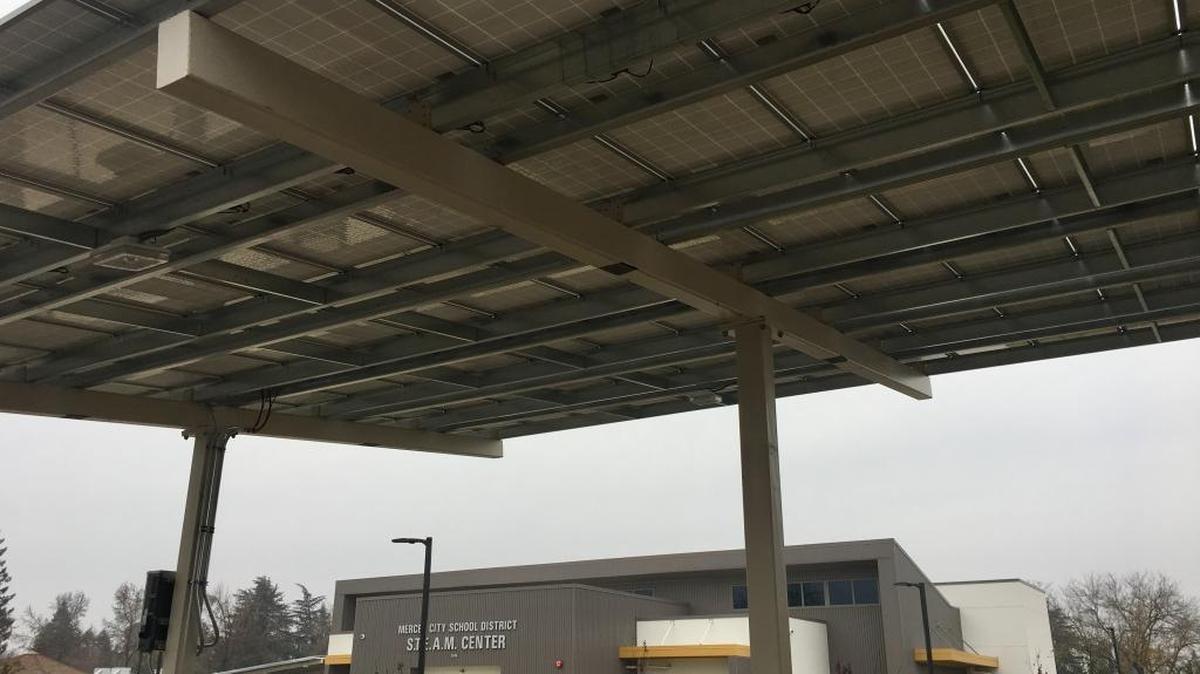 Solar arrays are now in place at several Merced City School District facilities, including the new STEAM (Science, Technology, Engineering, Arts, Math) Center next to Ada Givens Elementary.