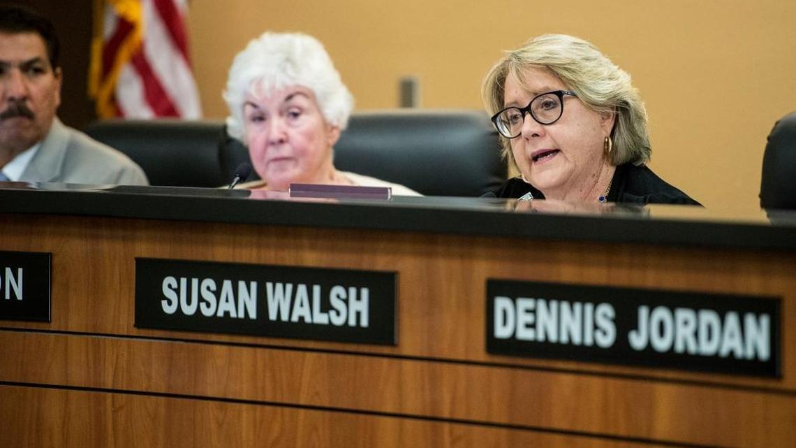 Interim Merced College President Susan Walsh, right, speaks at a board meeting at the college in Merced, Calif., on Tuesday, May 10, 2016.