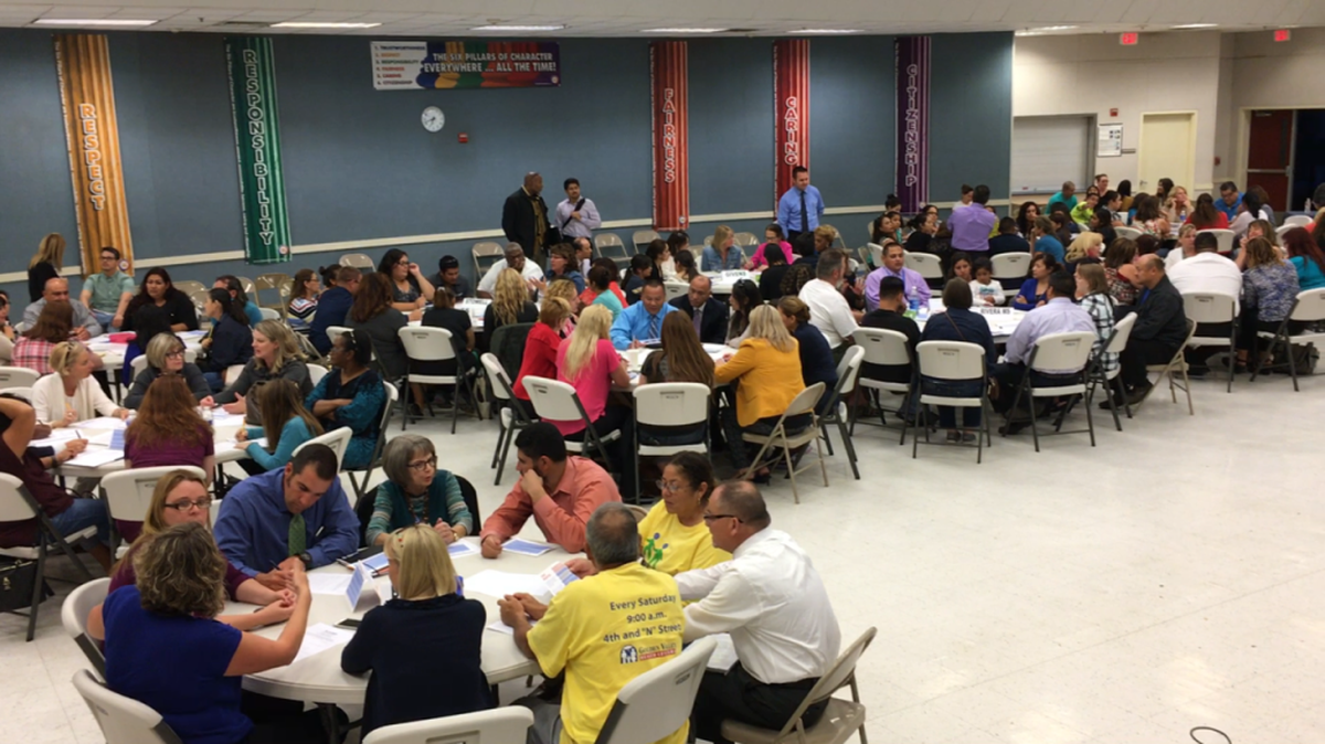 Stakeholders participate in a Merced City School District LCAP (Local Control Accountability Plan) forum held at Tenaya Middle School