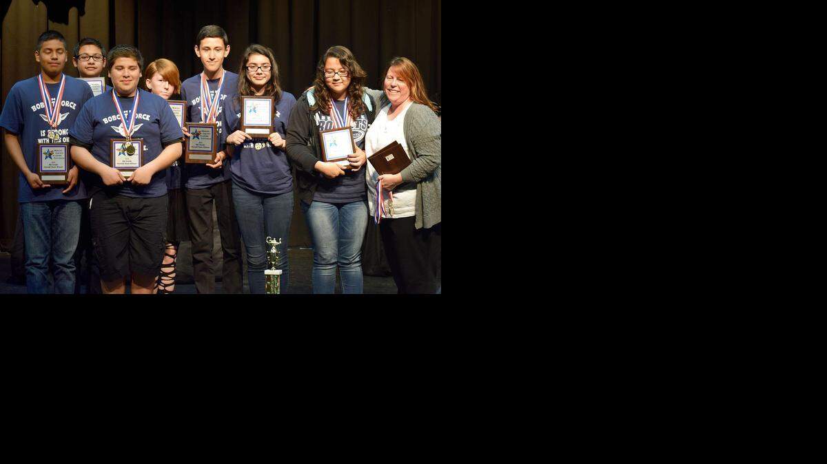 
Eighth-grade winners from Bellevue Elementary School in Atwater hold their Academic Pentathlon awards during a ceremony Thursday at Golden Valley High School. The competition was held the previous week.
