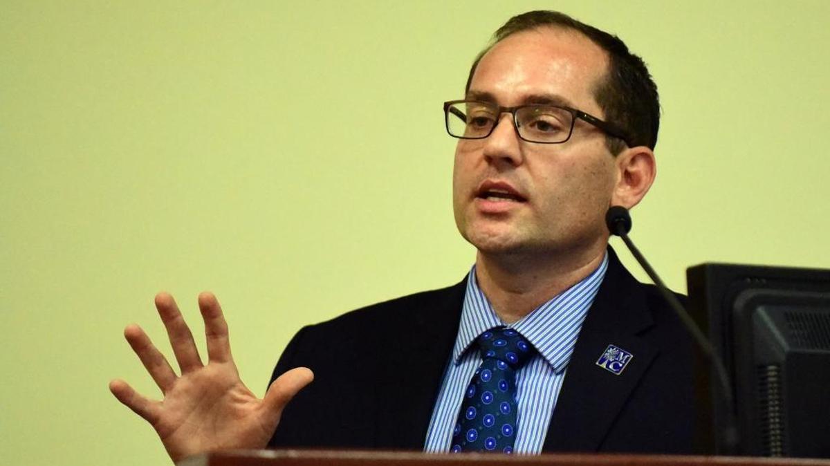 Chris Vitelli speaks during the Merced College board of trustees meeting on Tuesday, shortly after being announced as the school’s next president.