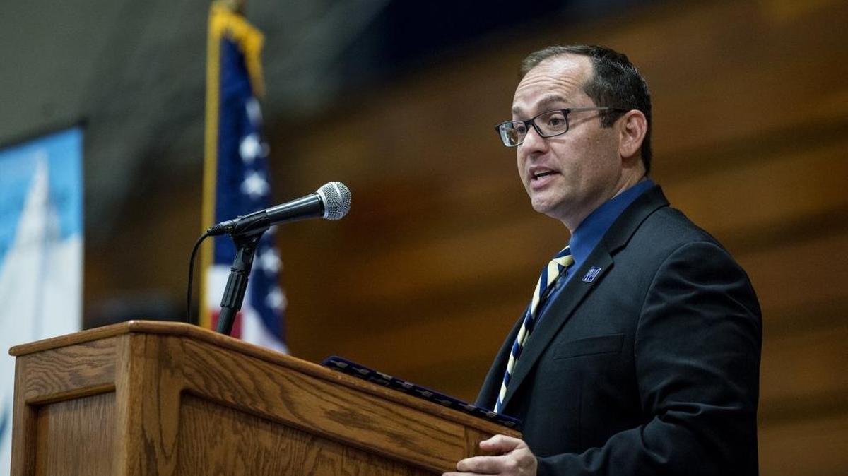 Merced College President Chris Vitelli gives his first State of the College Address inside the Merced College gymnasium in Merced, Calif., on Friday, April 28, 2017. Vitelli has been serving as president of the college since Jan. 2, 2017.