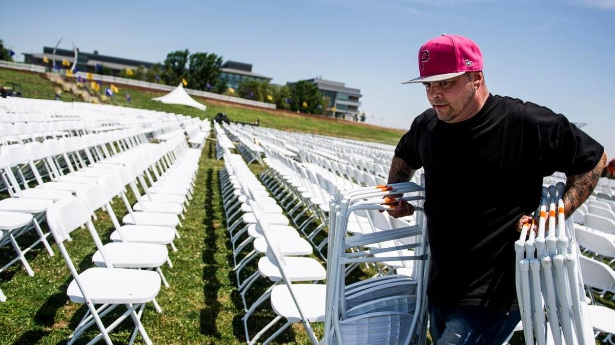 Guillermo Marin, 40, of Modesto sets up chairs during preparation for the UC Merced commencement on the campus in Merced, Calif., on Friday, May 13, 2016. More than 900 students will graduate during commencement ceremonies Saturday and Sunday.
