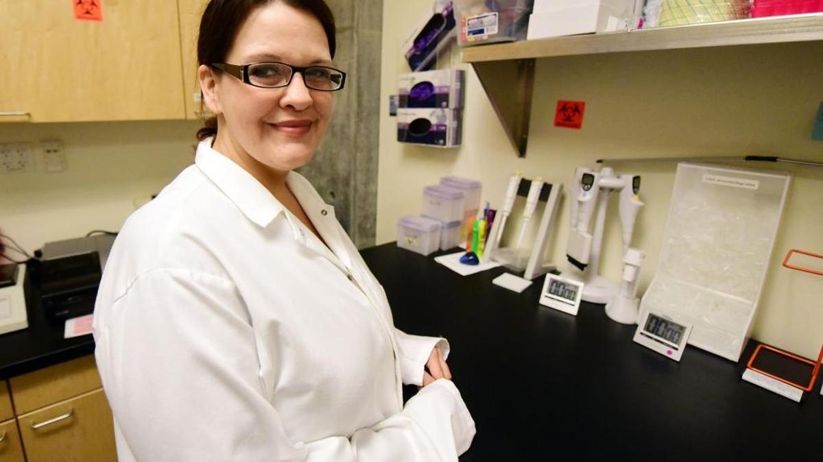 Pamela Payne, 42, a mother of two, will be graduating from UC Merced on Mother’s Day. She’s pictured in a laboratory in the Social Science and Management Building, where she's conducted research on how the human body reacts to stress.