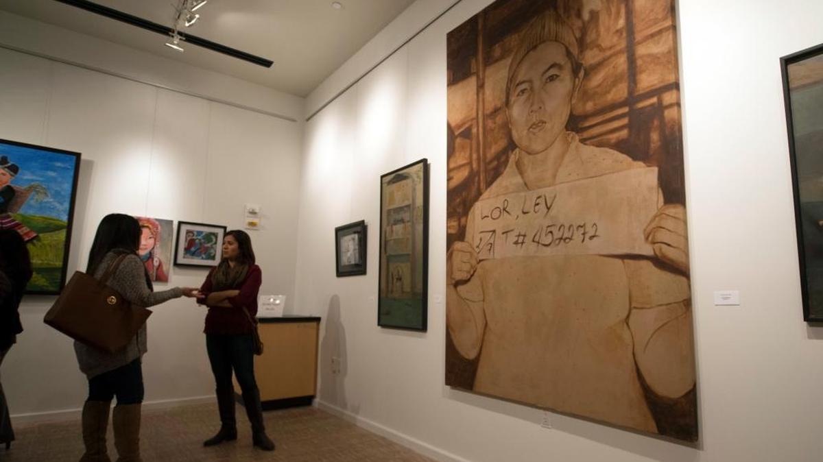 The 8-foot-tall piece titled “Pog” – the Hmong word for “grandma” – is part of the Hmongstory 40 exhibit up at the UC Merced Art Gallery on its opening night Thursday. The exhibit is a smaller version of an exhibit to open in Fresno in December, which will travel to Merced in May.