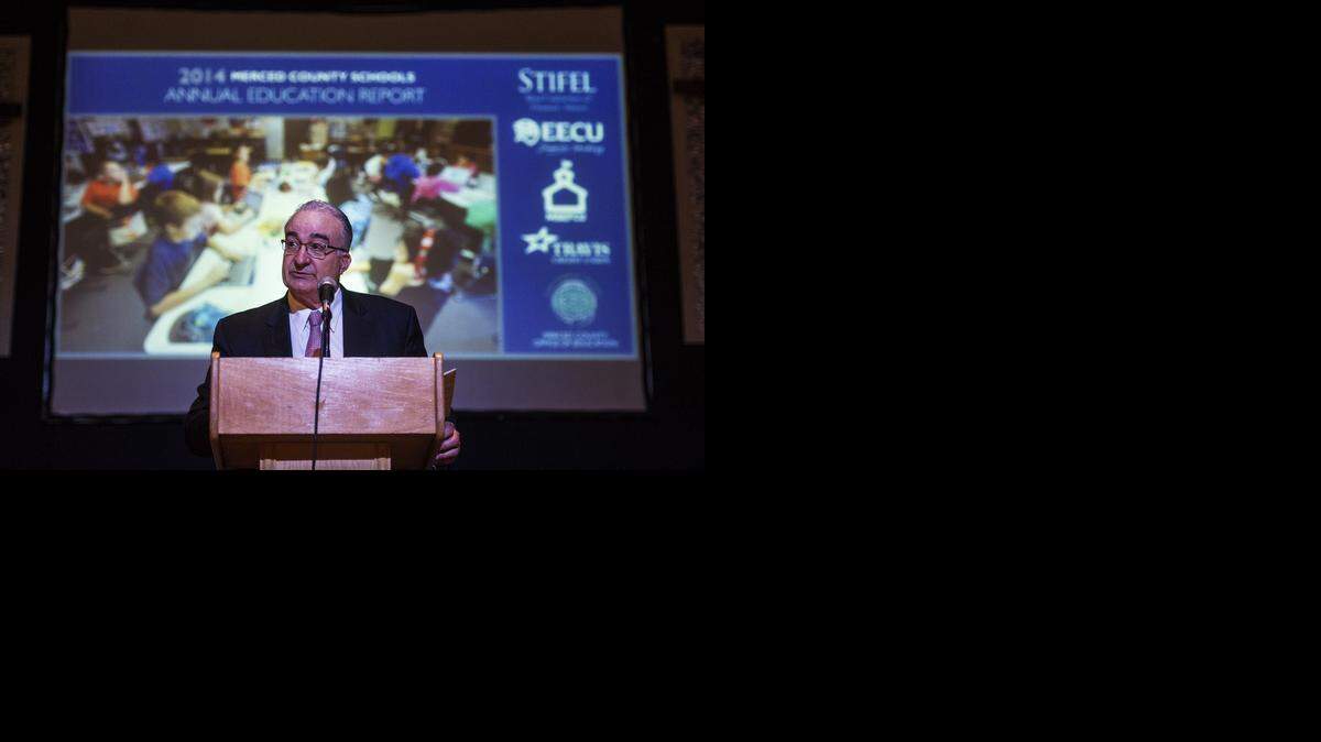 
Merced County Office of Education superintendent Dr. Steven E. Gomes speaks to the crowd about the importance of technology in the classroom during the Merced County Report on Our Schools at Yosemite Church in Merced, Calif., Wednesday.
