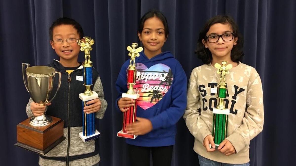 Nicholas Trinh took first place in the fourth grade MCSD spelling bee, while Lilly Lakireddy finished second, and Damian Gutierrez came in third.