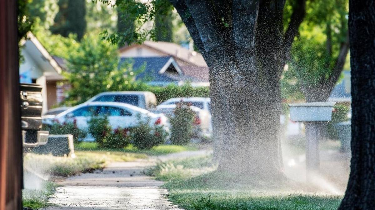 Sprinklers water the lawn of a house on West Donna Drive in Merced, Calif., last year.