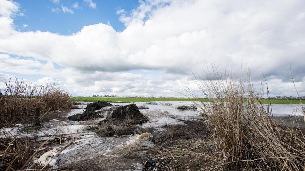 The Mariposa Creek overflows its banks and floods sections of farmland along Highway 59 in Merced County, Calif., on Thursday, Jan. 12, 2017.
