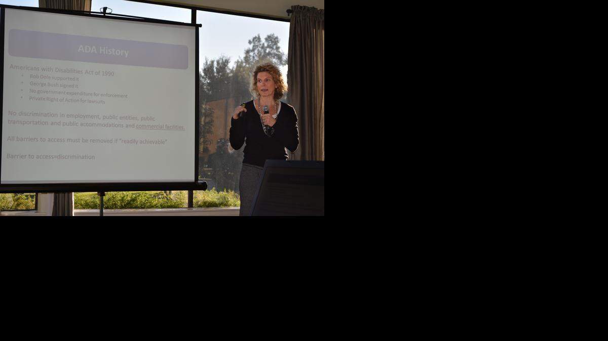 
Kim Stone, an attorney with the Civil Justice Association of California, gives a presentation on complying with the Americans with Disabilities Act at the Turlock Golf and Country Club on Wednesday.
