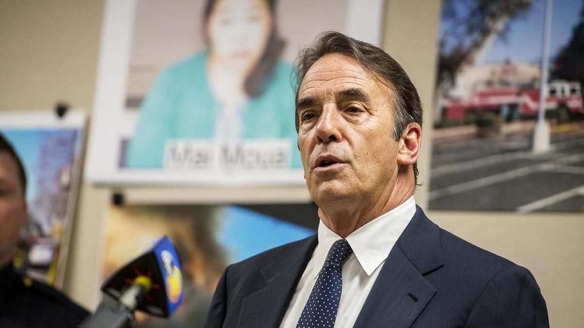 Merced District Attorney Larry D. Morse II answers questions from media during a press conference to announce the arrests of Mai Moua, 45, of Merced and Zang Her, 50, of Merced, at the Merced County District Attorney’s Office in Merced, Calif., on Thursday, May 3, 2018. The two were arrested in connection with a fire that destroyed an Asian market in the 600 block of West Main Street on Sunday, Dec. 18, 2016.