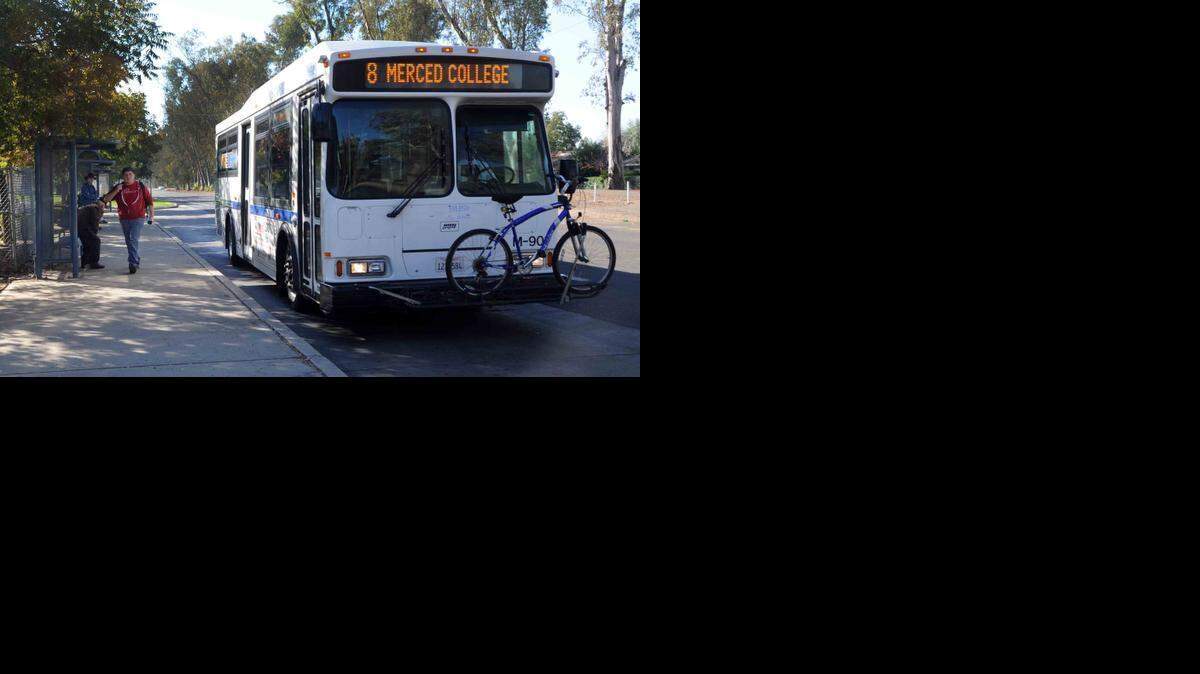 
The Bus stops at Merced College to pick up passengers. The system kick off new routes and schedules on Feb. 2. 
