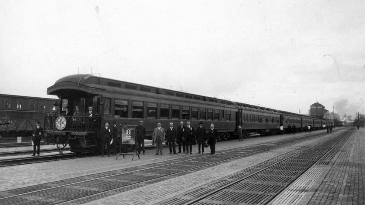 The Merced Fig Special arrived in the Santa Fe Depot in San Diego in April 1923. Photographed by Frank Robinson.