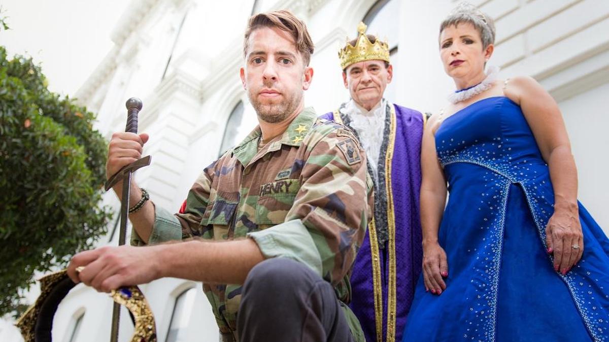 
Jim Bennett portrays Henry, Pete Magazinovic as the king of France and Dawn Trook as the queen in this publicity photo for Merced Shakespearefest’s production of “Henry V,” which is to open on Sept 12 in Merced. 
