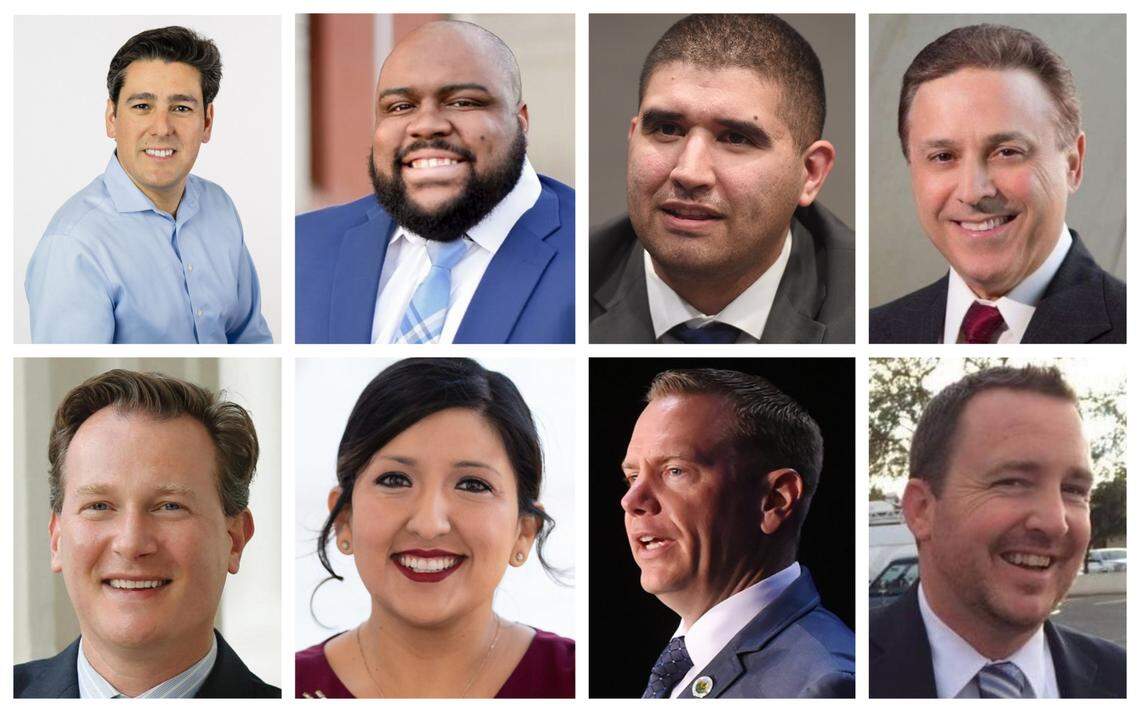 Top row, from left to right: Phil Arballo, Lourin Hubbard, Eric Garcia, Garry Bredefeld. Bottom row, from left to right: Andreas Borgeas, Melissa Hurtado, Nathan Masig, Devon Mathis.