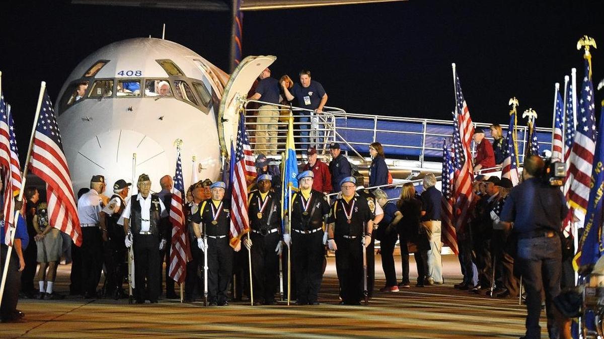 Veterans from across the Central Valley arrive at Castle Airport in Atwater after their three-day trip to Washington, D.C., as part of the eighth Central Valley Honor Flight on Oct. 21.