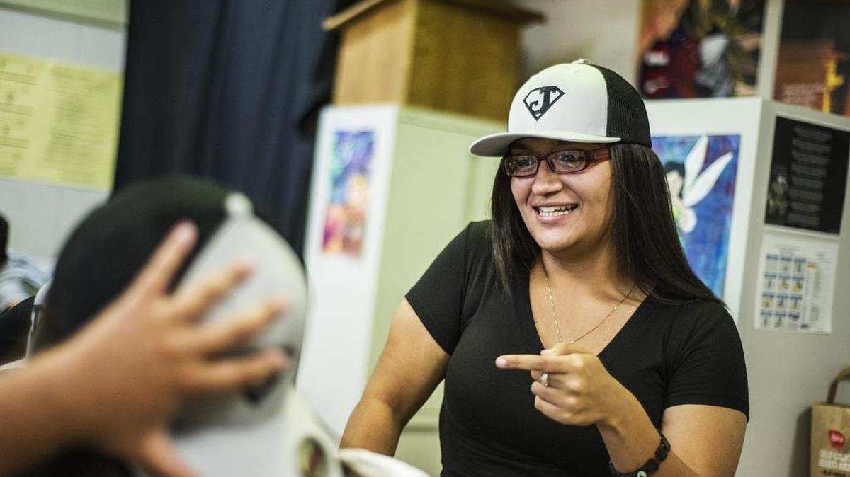 
Le Grand High School junior Desiree Rodriguez, 16, speaks with friends during a meeting of the Restorative Justice League at Le Grand High School in Le Grand, Calif., Tuesday, Aug. 25, 2015. The program trains students to offer support to peers who may be facing challenges at school, home or in the streets.
