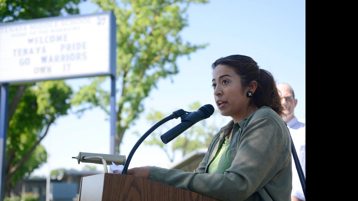 
Maria Vega, 28, a member of the Independent Districting Advisory Committee, speaks during a news conference in front of Tenaya Middle School in Merced on Thursday. The group is looking for more participation from Merced residents.
