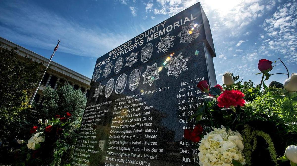 
Wreaths are placed at the Merced County Peace Officers Memorial outside the Merced County Administration Building in May.
