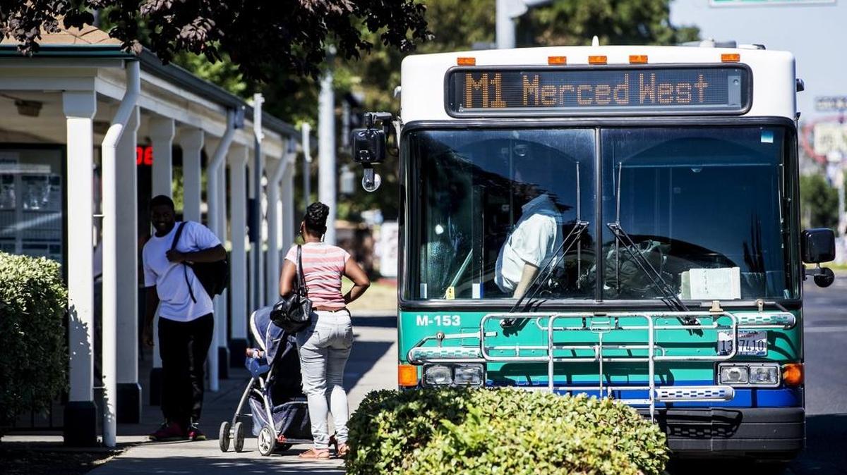 
The Bus stops on West 16th Street near O Street in Merced, Calif., Wednesday, Sept. 16, 2015. According to the Merced Regional Transit Authority, free Wi-Fi is now available to riders of The Bus.
