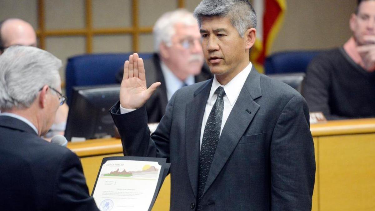 City Attorney Randolph Hom takes his oath of office during a Merced City Council meeting in March. He leaves Dec. 20.
