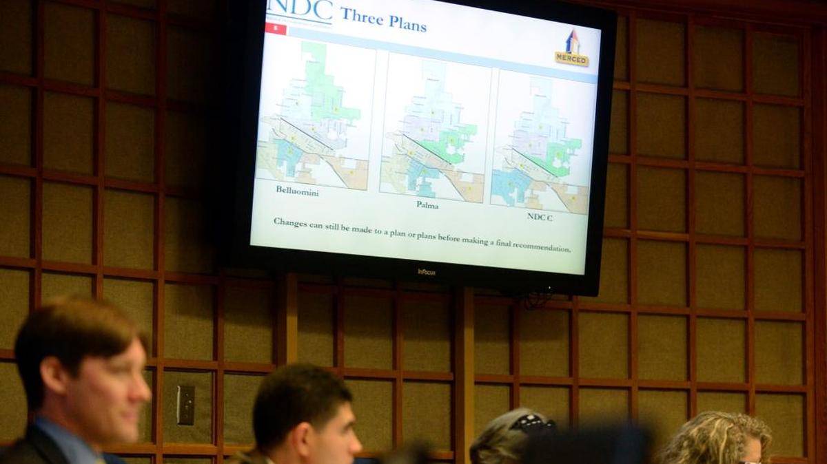 
The Merced Independent Districting Advisory Committee listens to residents during the public hearing portion of Tuesday’s meeting at City Hall. The committee picked pieces of each of the three remaining district maps to recommend to the City Council later this month.
