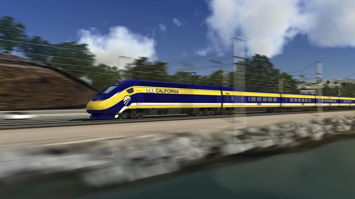 
This image provided by the California High-Speed Rail Authority shows an artist’s rendering of a high-speed train traveling along the California coast. 
