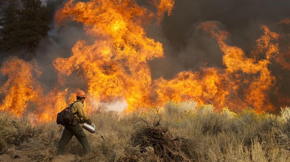 Daniel Fawcett of the U.S. Forest Service sets a back-fire to combat a wildfire in Wrightwood in in October 2009. CalFire has amped up its warnings to thousands of property owners who aren’t doing enough to protect their homes by clearing brush and other flammable materials