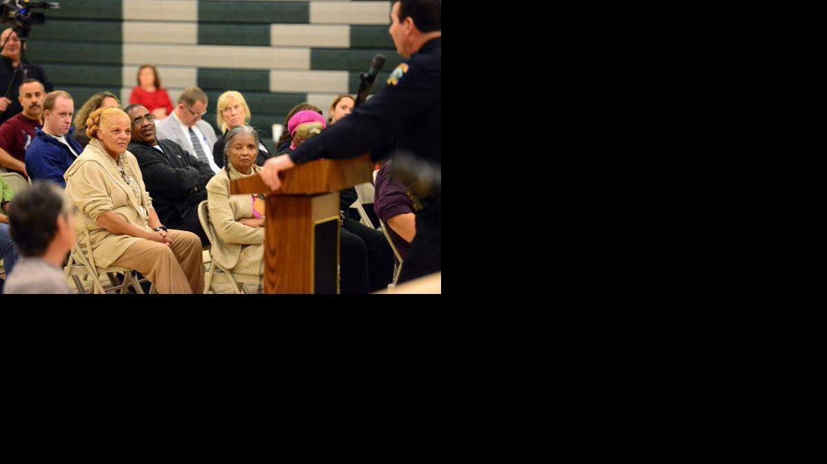 
Merced residents at a town hall-style meeting at Rivera Middle School on Tuesday listen to Merced Police Chief Norm Andrade speak.
