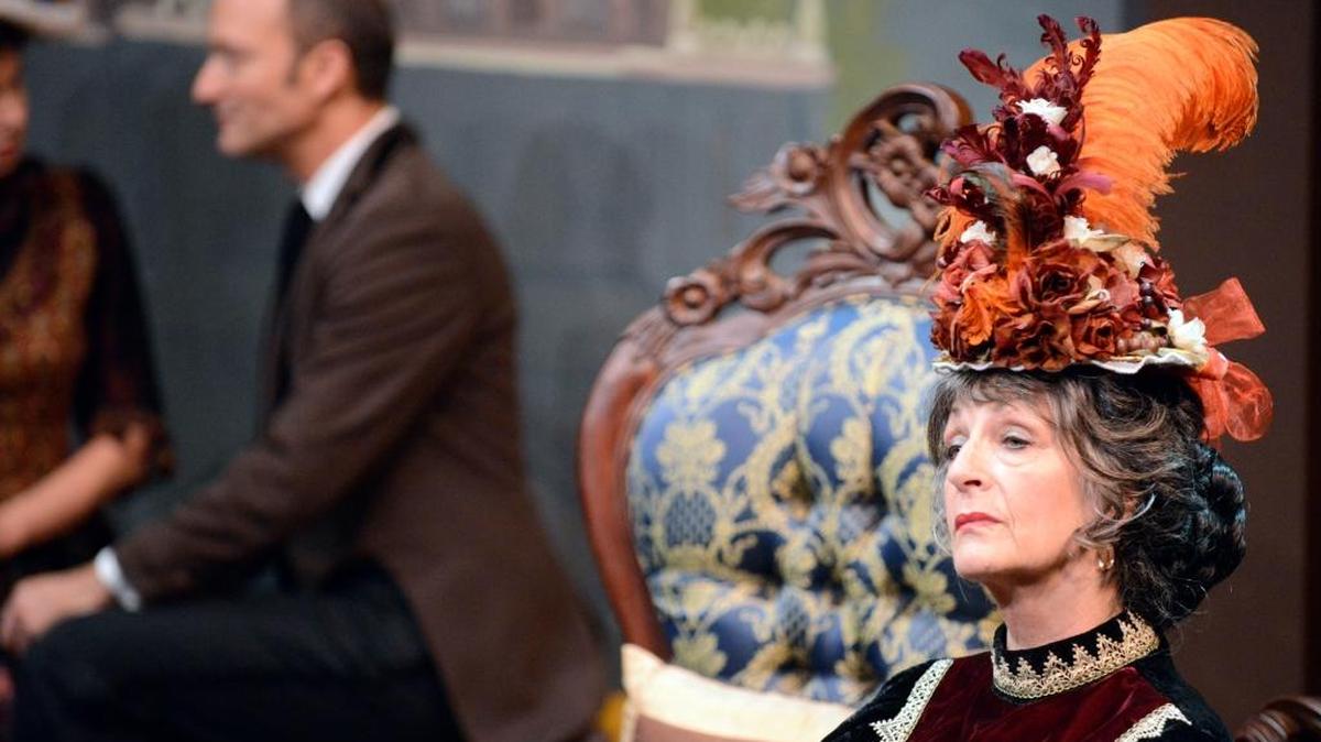 
Connie Stetson as Lady Bracknell displays her displeasure with the lack of cucumber sandwiches during a dress rehearsal of “The Importance of Being Earnest” at Playhouse Merced. The play premieres at 7:30 p.m. Friday.
