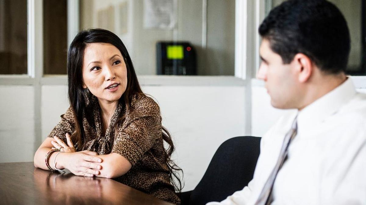 
Independent Districting Advisory Committee member See Lee, 32, speaks with Chairman Miguel Lopez, 27, during a discussion with reporters about a proposal that would split Merced into six districts providing those districts with better representation at the Merced Sun-Star office on Wednesday.
