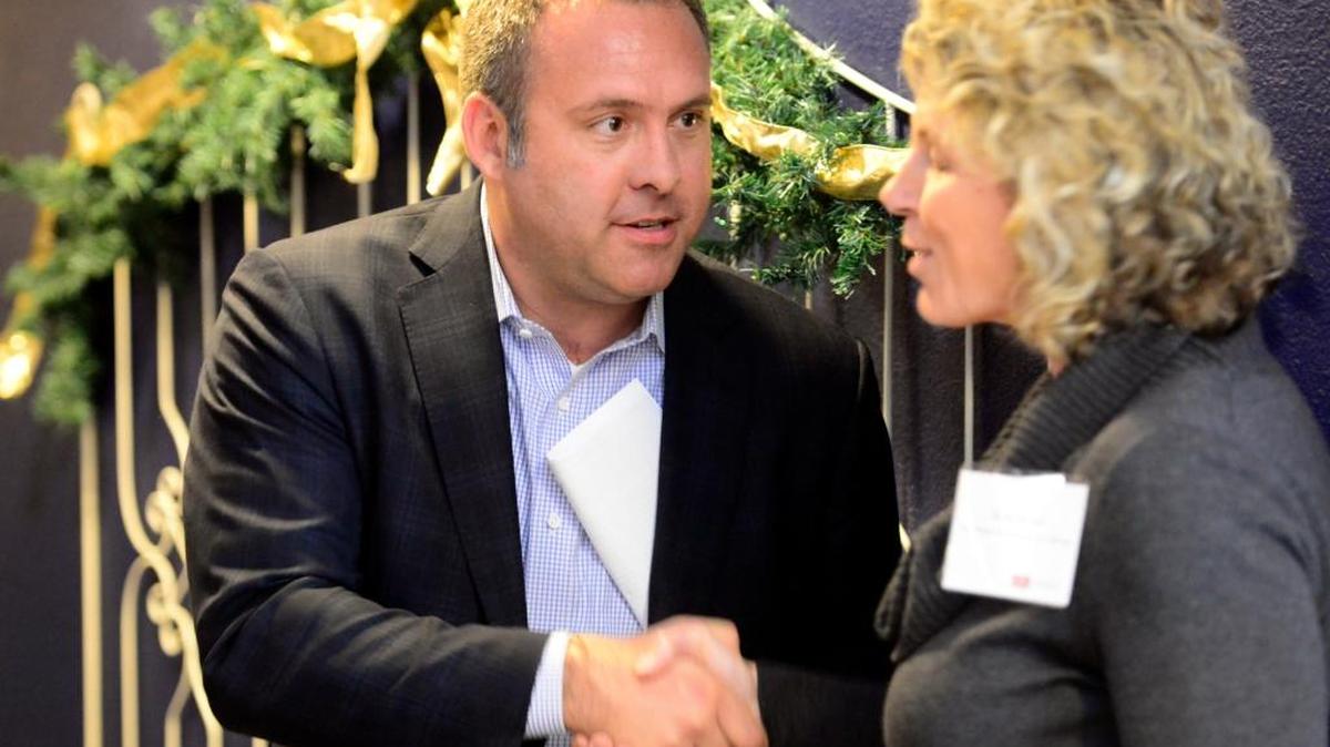 Assemblyman Adam Gray, D-Merced, accepts the Civil Justice Leadership Award from Kim Stone, president of the Civil Justice Association of California, in Merced on Wednesday. Gray has been part of efforts to curb what some see as predatory Americans with Disabilities Act lawsuits.
