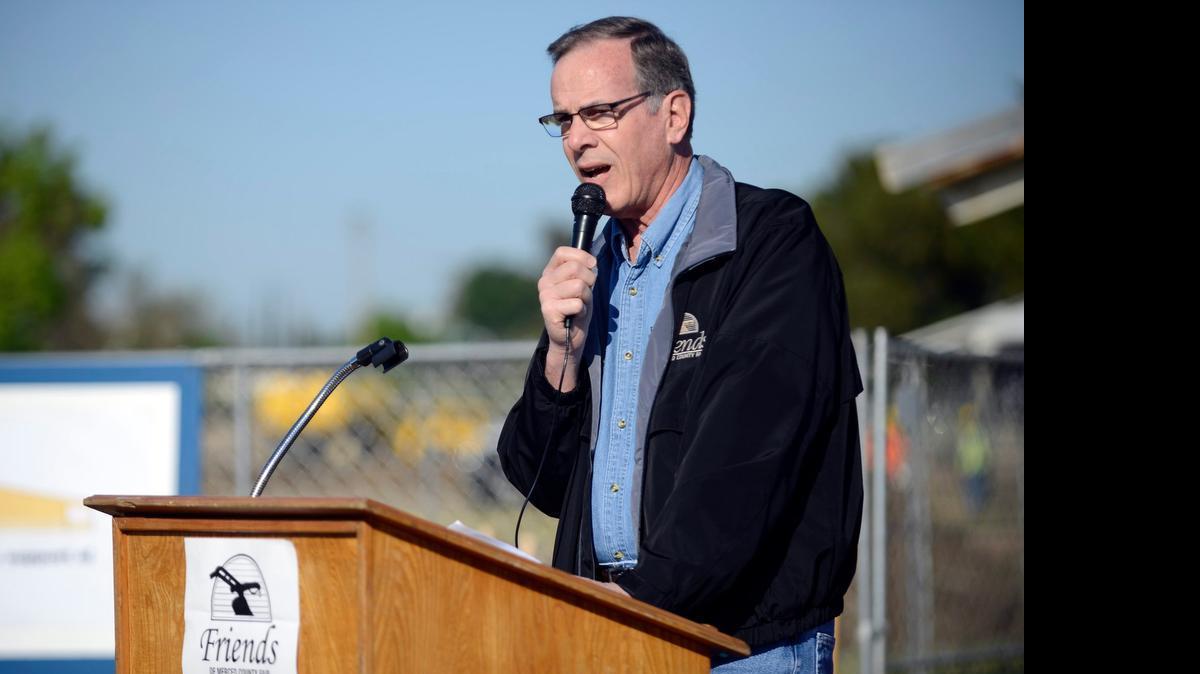 
Tom Musser, the chief executive officer of the Merced County Fair, addresses a crowd in April at the groundbreaking of the Hilmar Cheese Co. Barn project, the first new construction on the Merced County Fairgrounds in 33 years. Musser announced his plans Monday to retire after six years on the job. 
