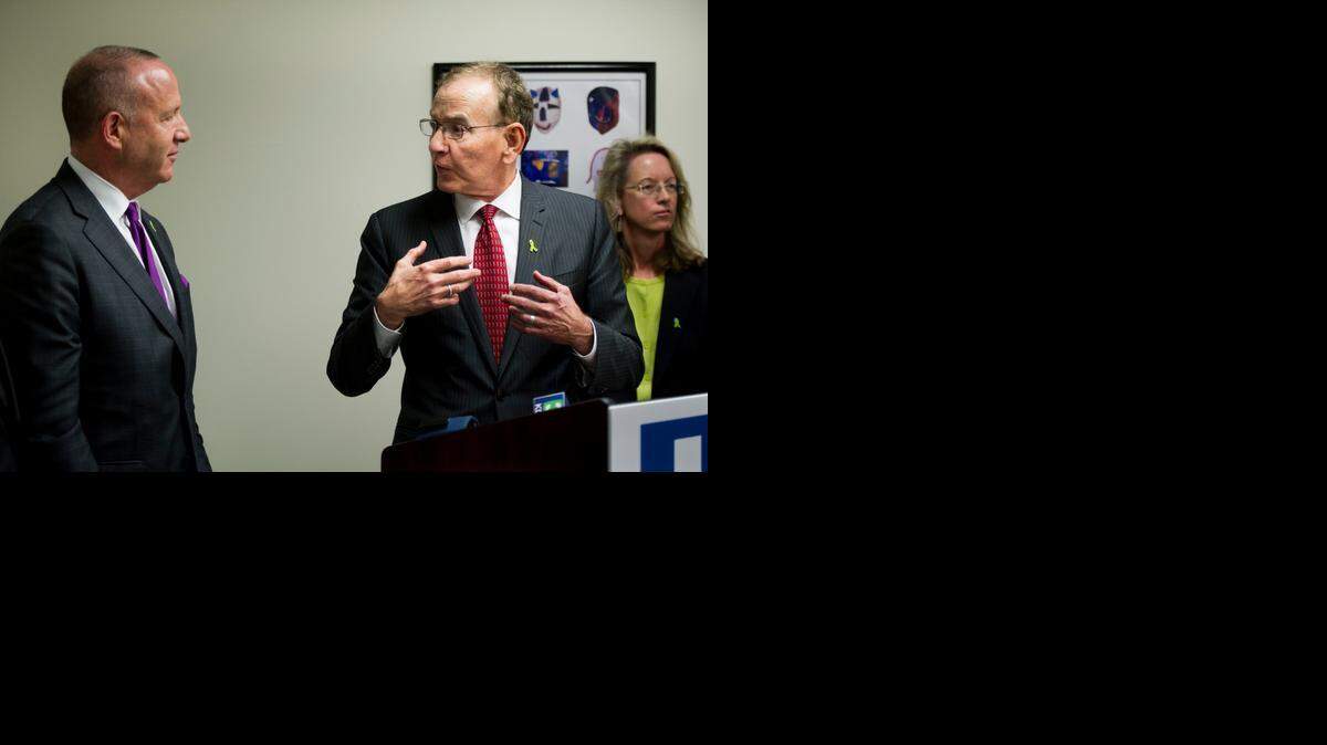 
Director of Los Angeles County Department of Mental Health Dr. Marvin Southard, right, speaks to former state Senate leader Darrell Steinberg on Wednesday. Southard spoke about the impacts of the programs funded by Proposition 63 in L.A. County. 
