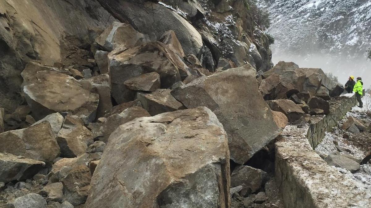 A rockfall occurred on El Portal Road (Highway 140) in Yosemite National Park at about 5:45 Thursday morning, Jan. 7, 2016. There were no injuries associated with the rockfall. The road is currently closed while park rangers and road crews assess the situation. There is currently no estimated time for reopening.