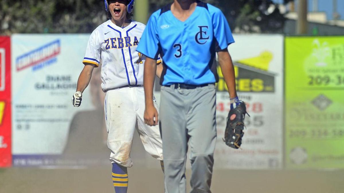 Lincoln High’s Jordan Ericsson celebrates after hitting a double during the CIF Sac-Joaquin Section Division IV Championship between El Capitan and Lincoln High School at Tony Zupo Field in Lodi, Calif., on May 30, 2016.