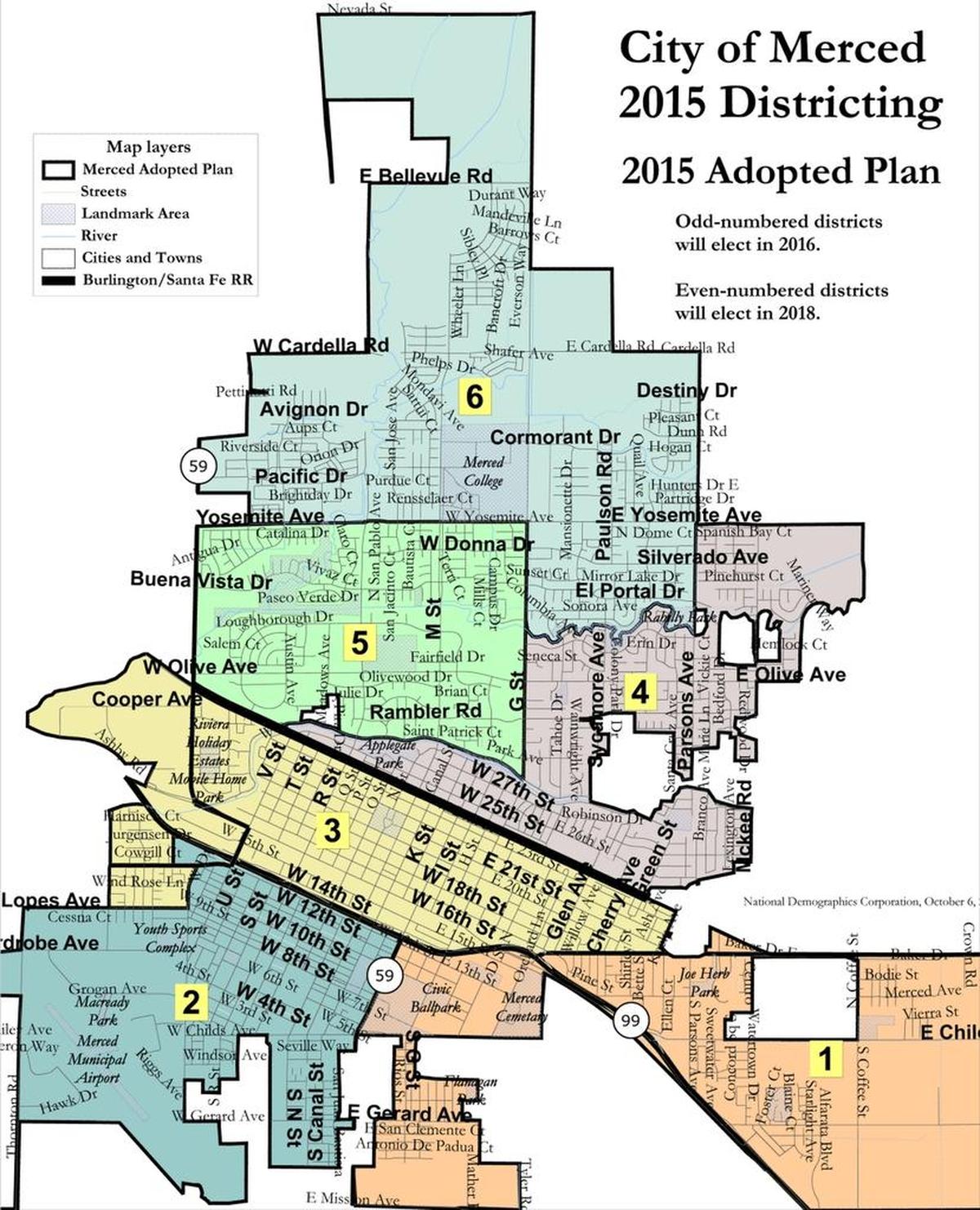 The Merced City Council adopted its map for future local elections in October 2015.
