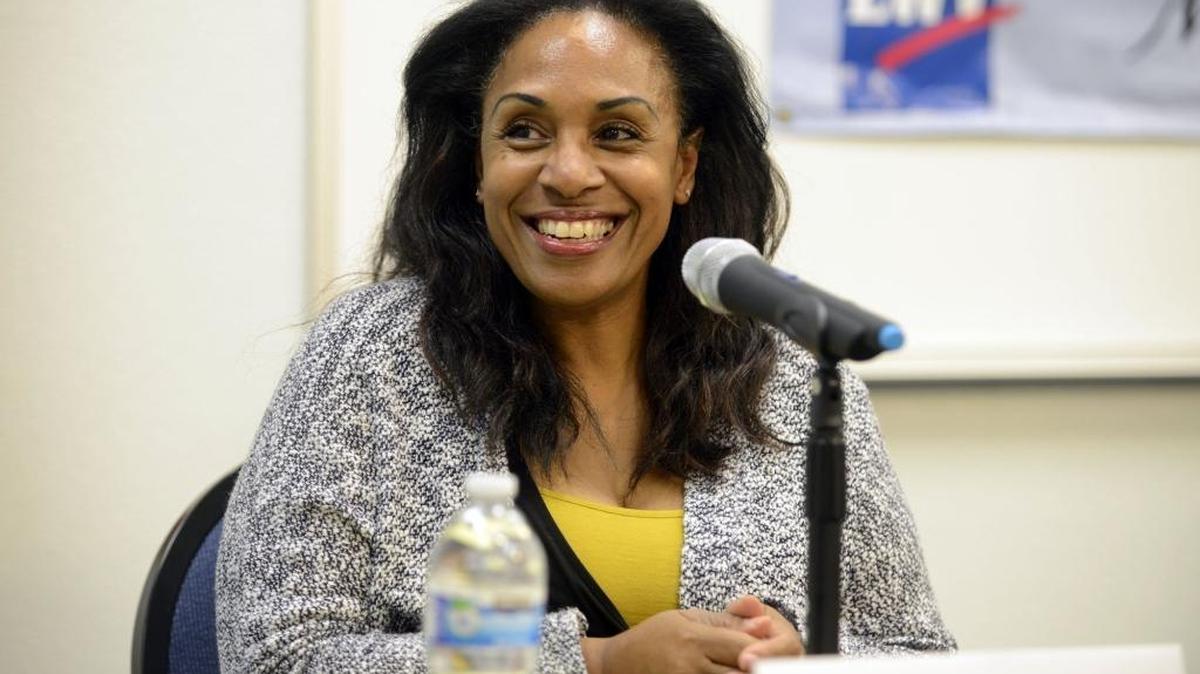 Necola Adams addresses the audience during a Merced mayoral candidates forum organized by the Merced County League of Women Voters on Monday Sept. 26, 2016, in a Merced County Office of Education conference room.