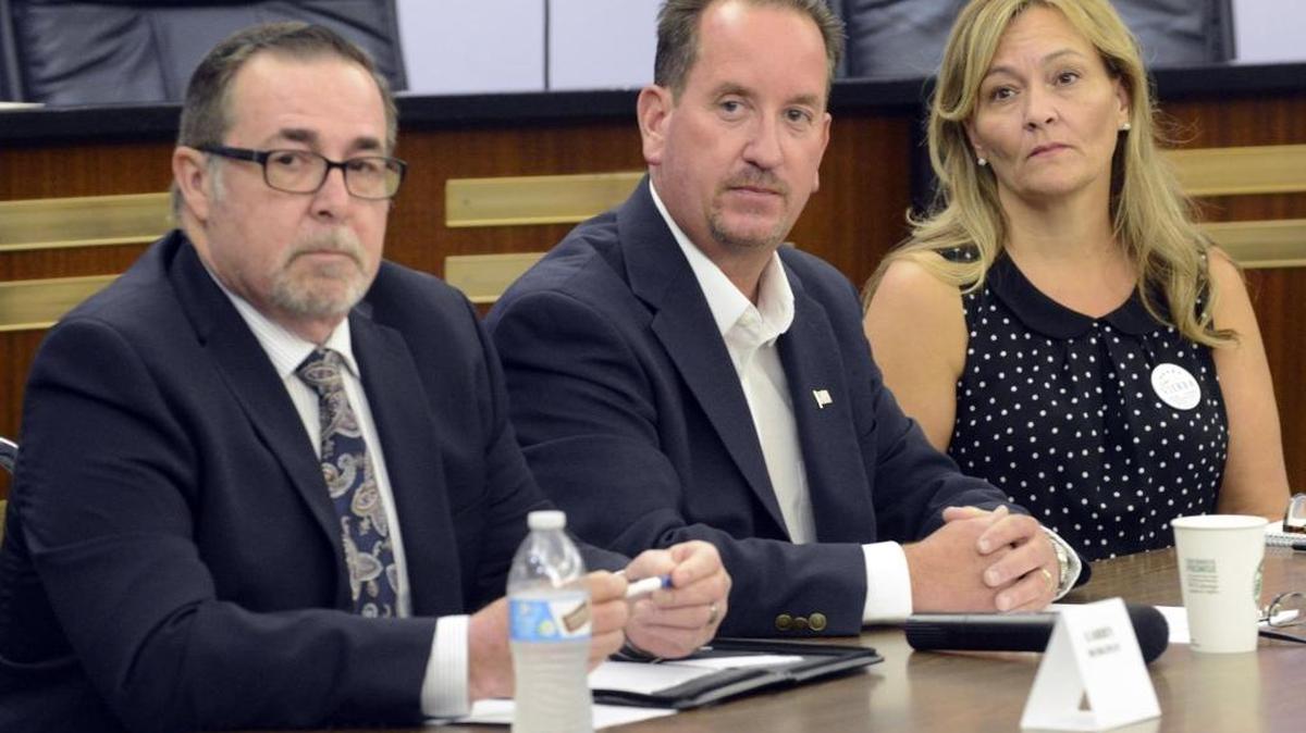 Incumbent Councilman Larry Bergman, left, candidate Paul Creighton, center, and candidate Cindy Vierra listen to instructions from a moderator before a forum at Atwater City Hall on Tuesday, Sept. 13, 2016. Candidate Dan Hernandez did not attend the forum sponsored by the Merced County Board of Realtors and the Merced Sun-Star.