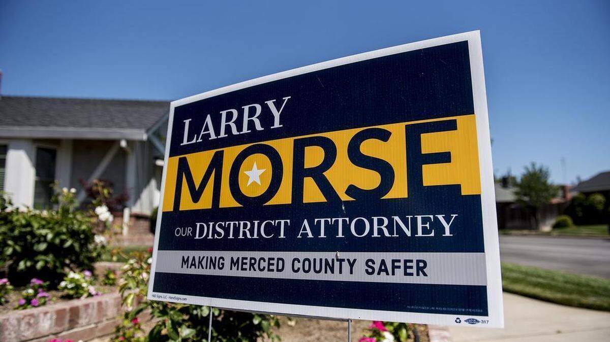 A campaign sign for District Attorney incumbent candidate, Larry D. Morse II, is seen outside of a home on University Drive in Merced, Calif., on Thursday, May 31, 2018.