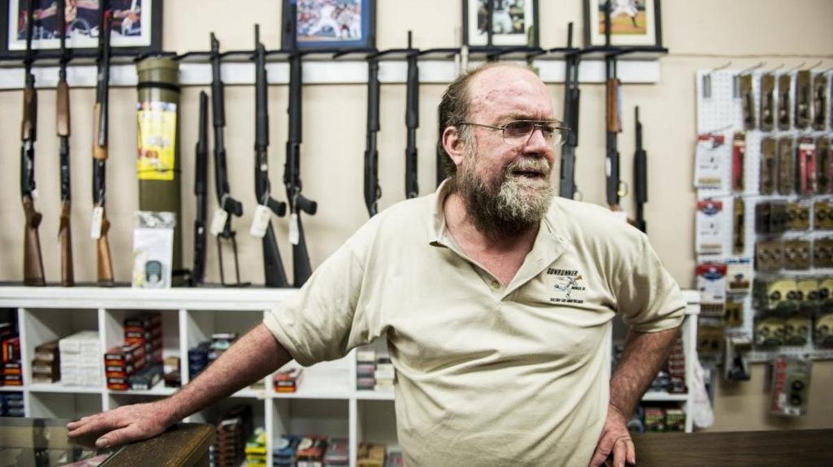 Owner Gerry Mitchell, 55, speaks about the new gun control measures signed by Gov. Jerry Brown, at Gunrunner Gun Shop and Shooting Range, 2040 Yosemite Parkway in Merced, Calif., on Friday, July 1, 2016. The laws will require people to turn in high-capacity magazines and mandate background checks for ammunition sales.
