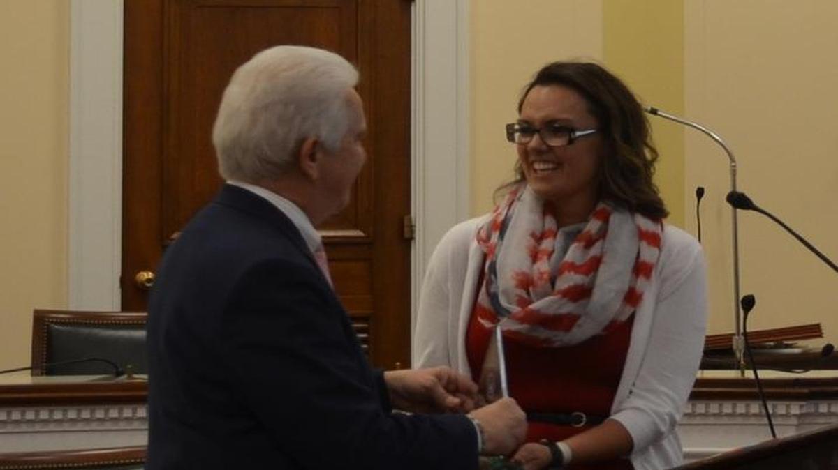 Danielle Quiroga is honored by Rep. Jim Costa, D-Fresno, with the Eva Murillo Unsung Hero Award from the Congressional Victims’ Rights Caucus at Capitol Hill.