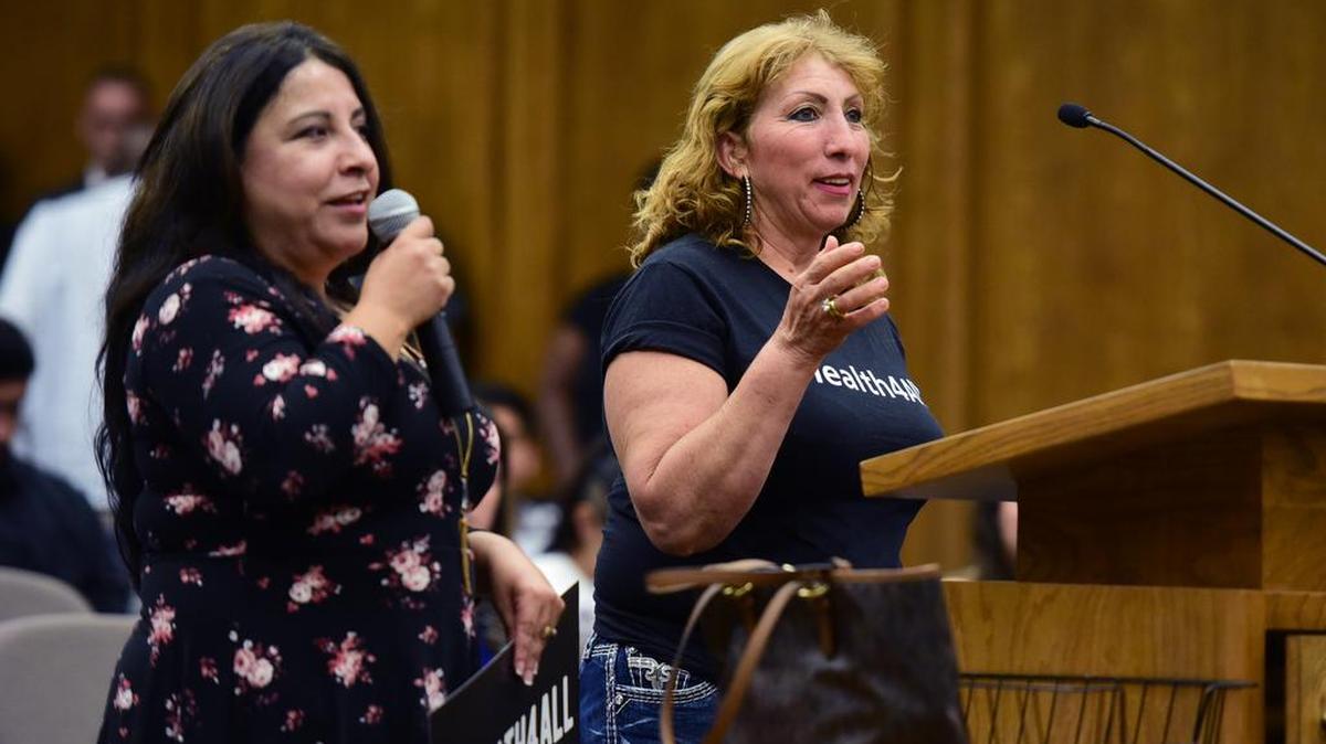 Lupe Delgado, left, assisted with spanish language translation when a County staff member was unable to interpret for citizens speaking about healthcare, on Tuesday, July 11, 2017, during a regular meeting of the Merced County Board of Supervisors.